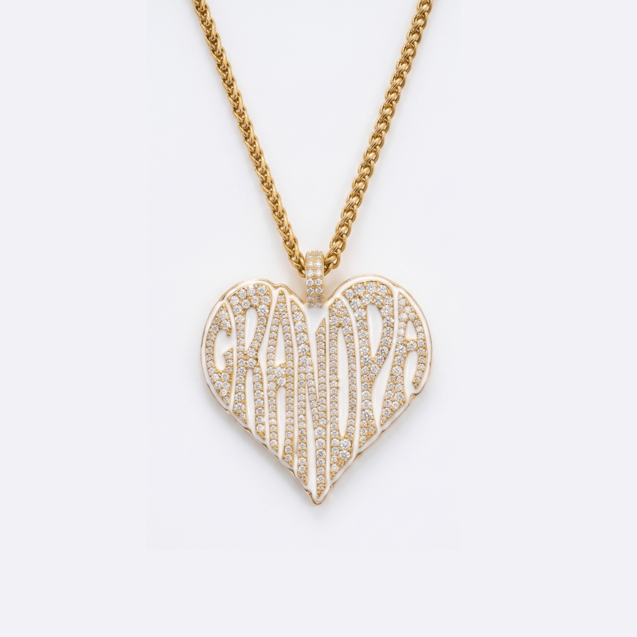 The front side of CRNCY's Grandpa Heart Photo Pendant with a 14k gold finish. The front side features prong-set diamonds placed inside each letter, surrounded by colored jewelry enamel to outline the letters. 