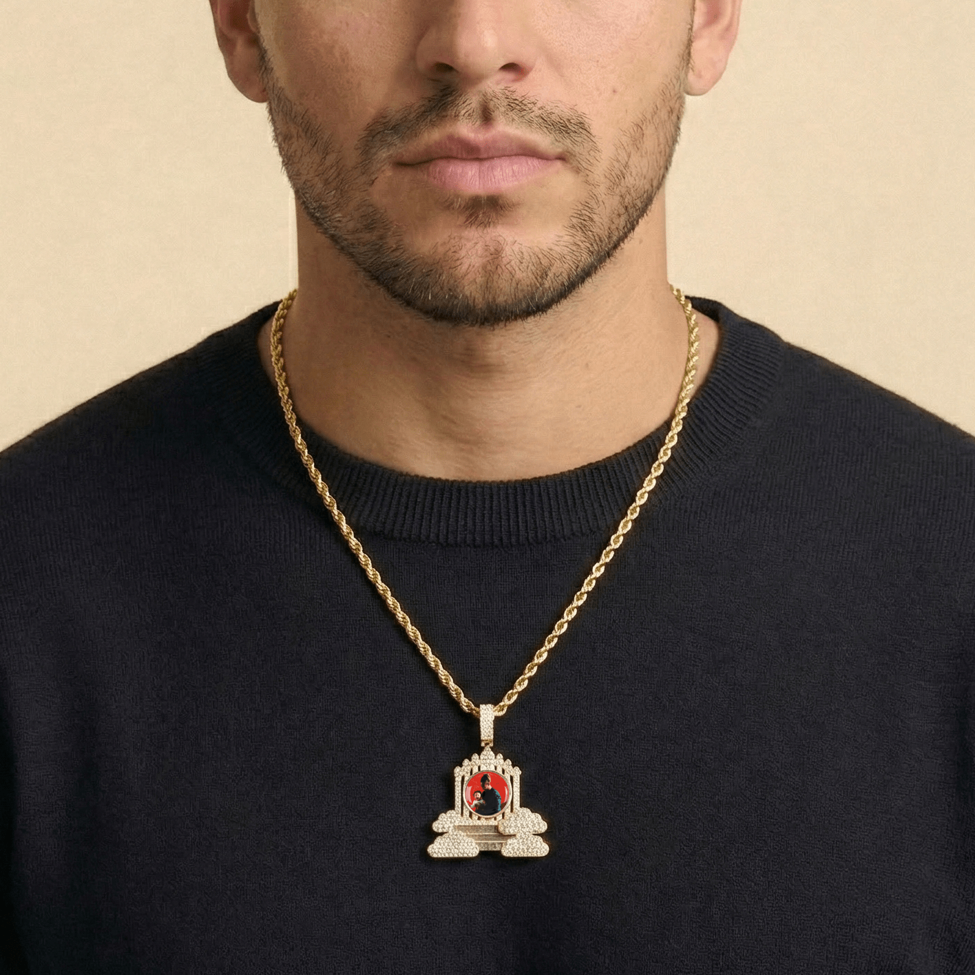 Male model wearing CRNCY's Regular size Heaven's Gates Photo Pendant with a 14k Gold Finish, with a 20 inch length necklace.