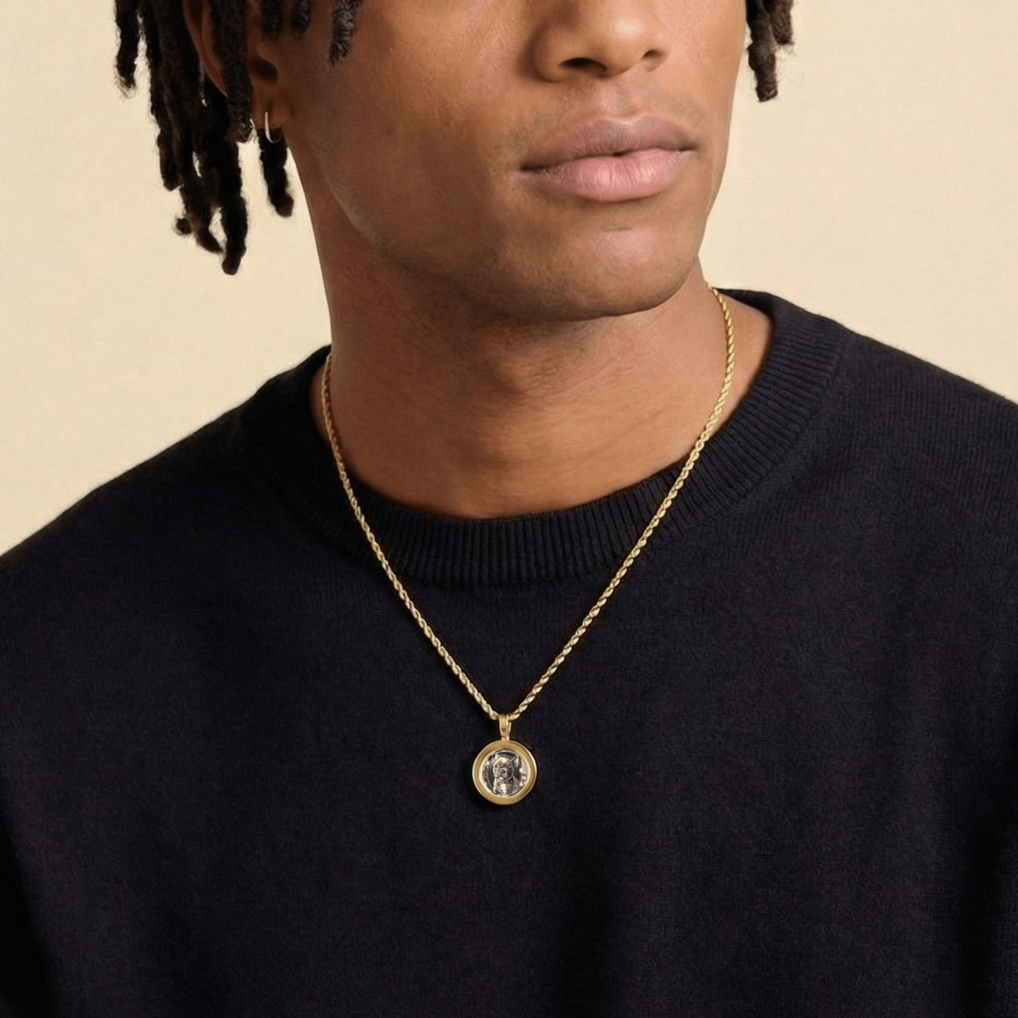 Male model wearing CRNCY's Mini Photo Pendant with a 14k Gold Finish, with a 20 inch length necklace.