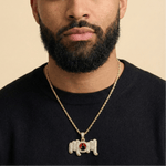 Male model wearing CRNCY's MOM Photo Pendant with a 14k Gold Finish, with a 20 inch length necklace.
